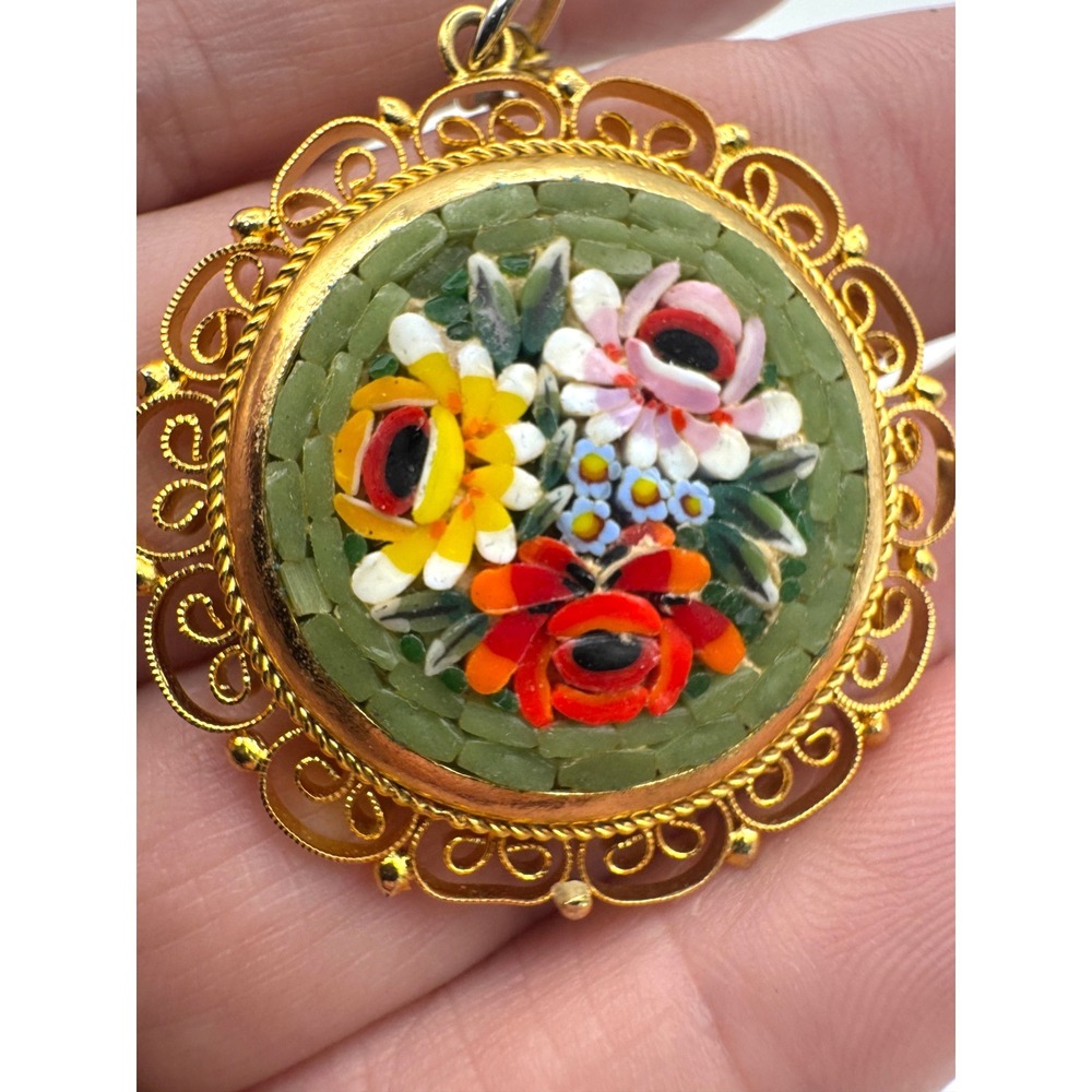 Vintage Micro Mosaic Necklace Floral Green Pendant Italy Italian Summer